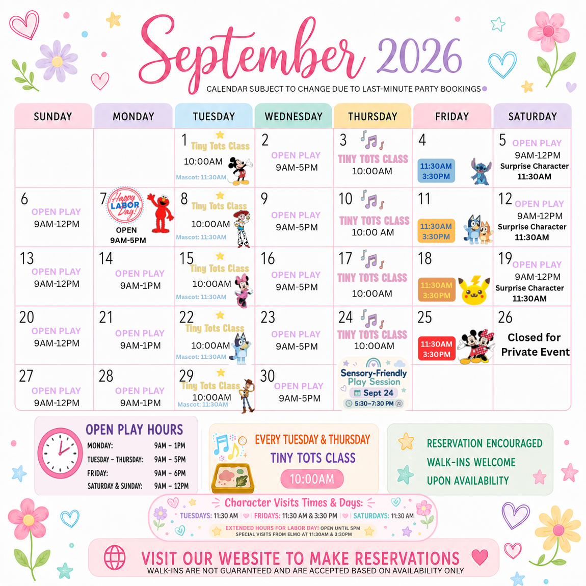 Tiny Tots July 2026 calendar with colorful daily events, closures, and holiday hours