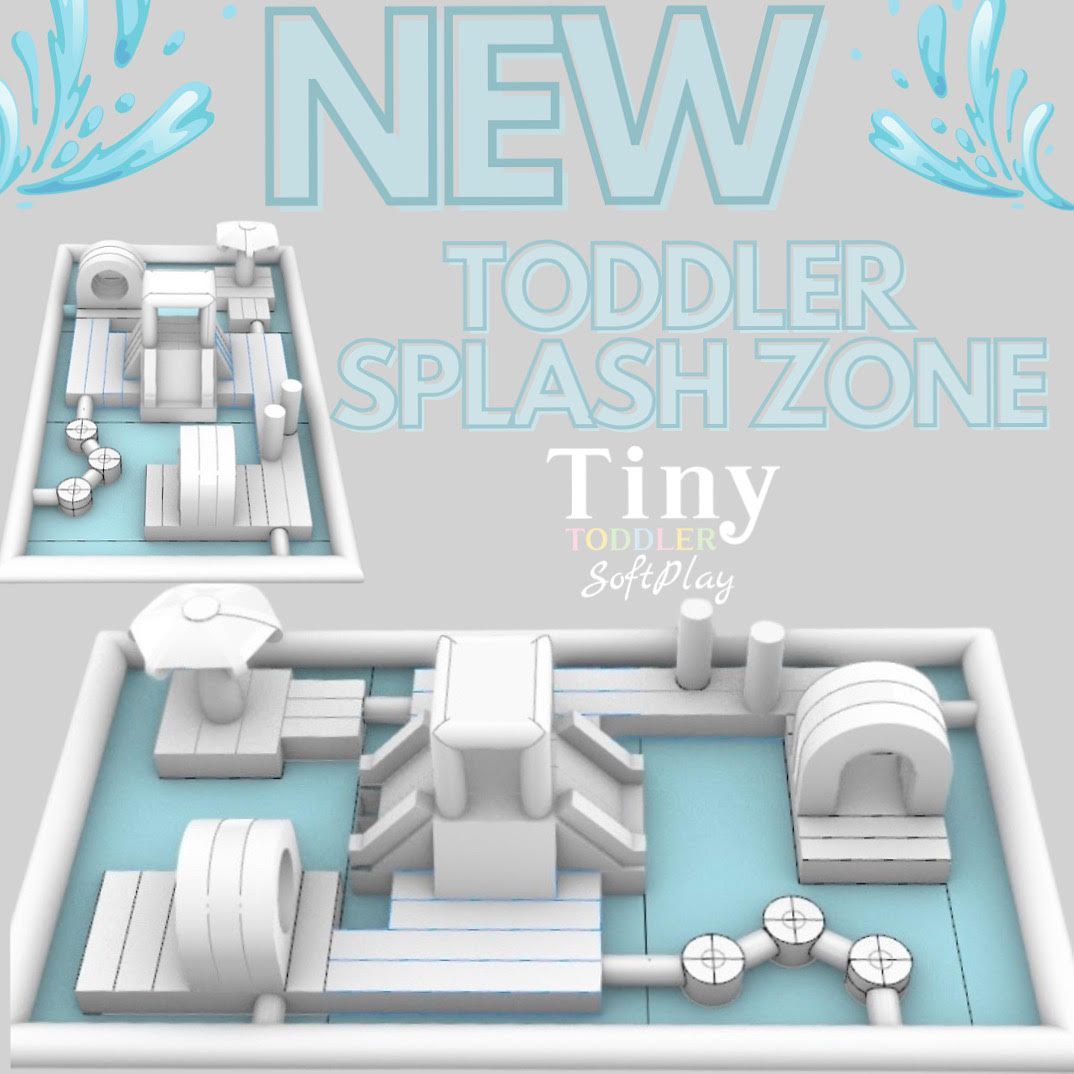 Promotional graphic for a “New Toddler Splash Zone” with a light blue and white water play layout