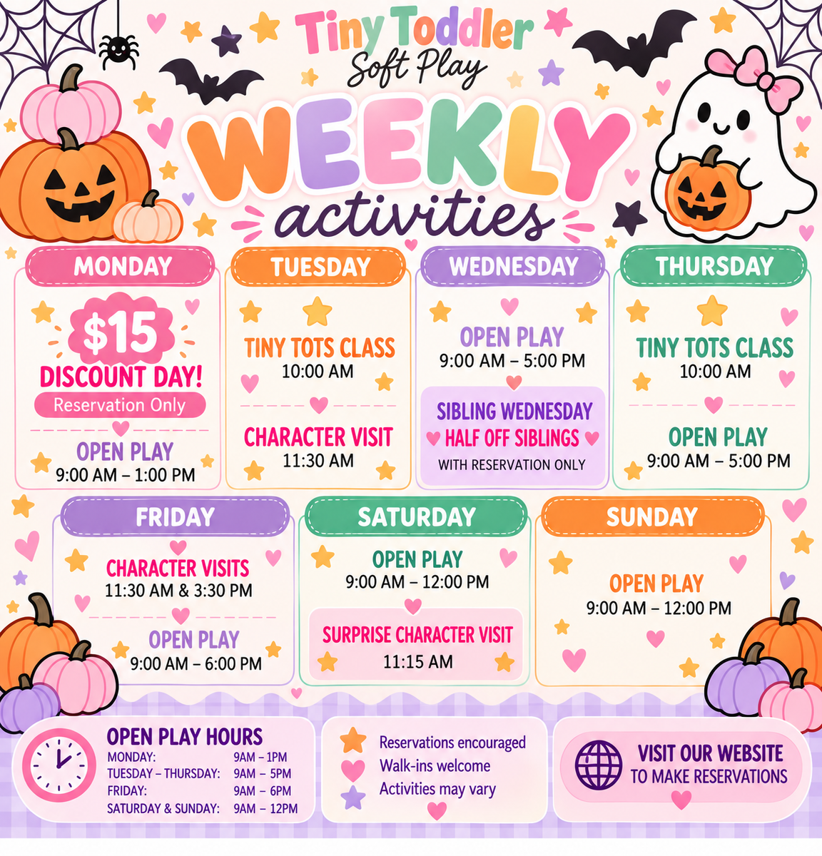 Colorful July activity week flyer with daily events, toy classes, meet and greet, and open play schedule