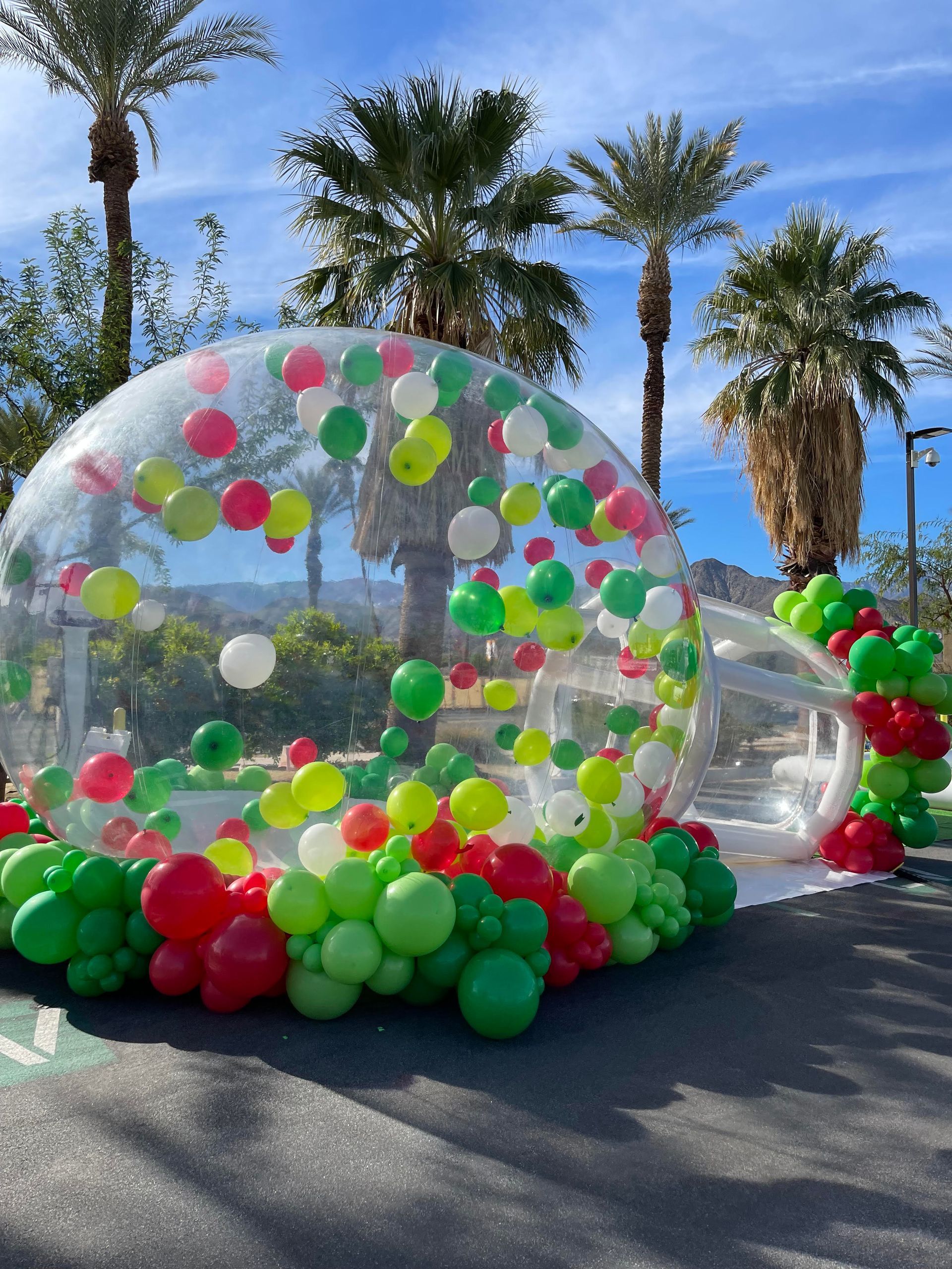 Clear inflatable balloon dome with colorful balloons on pavement in a sunny palm-lined outdoor setting