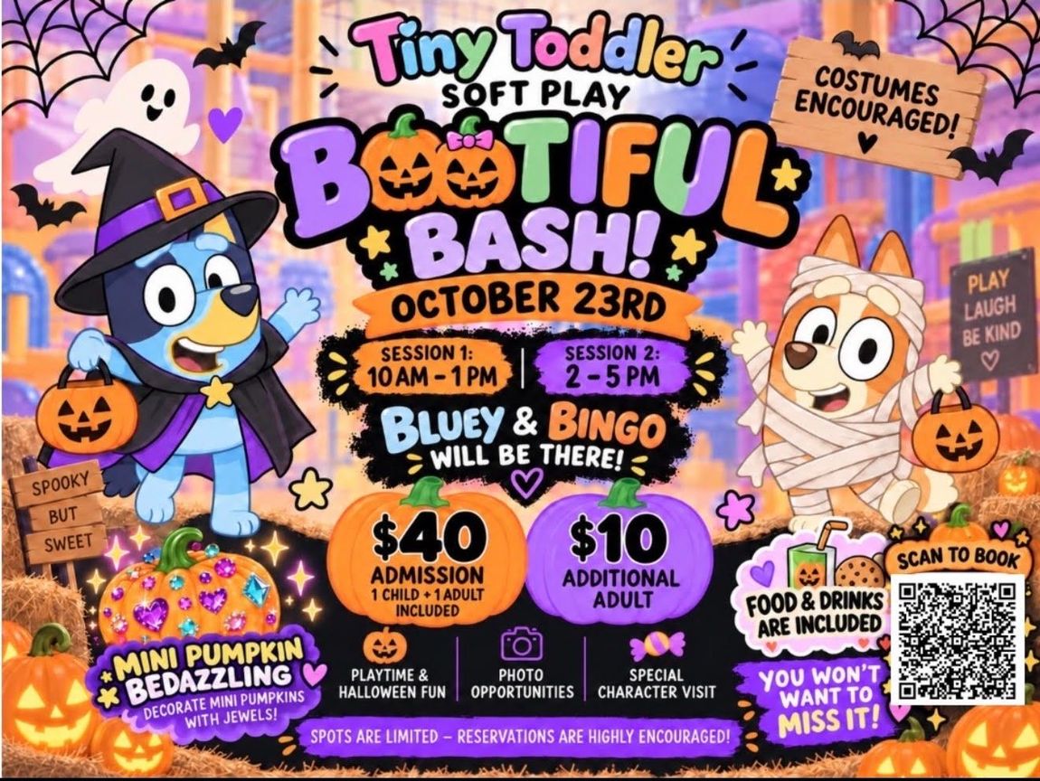 Tiny Tots July 2026 calendar with colorful daily events, closures, and holiday hours