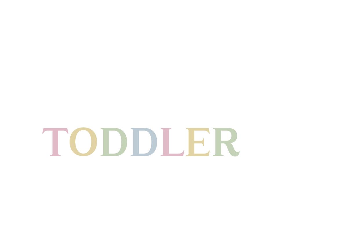 Pastel rainbow “TODDLER” text on a white background