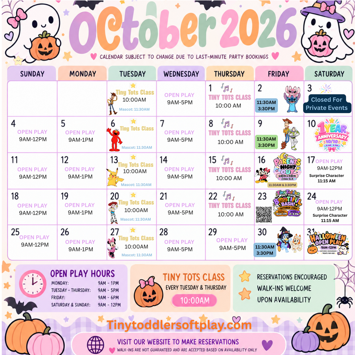 Tiny Tots July 2026 calendar with colorful daily events, closures, and holiday hours