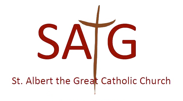 St. Albert the Great Catholic Church logo with maroon “SAG” and a cross in the A
