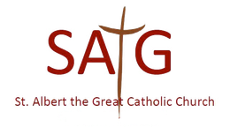 St. Albert the Great Catholic Church logo with maroon “SAG” and a cross in the A