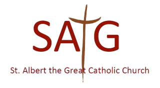 St. Albert the Great Catholic Church logo with maroon “SAG” and a cross in the A