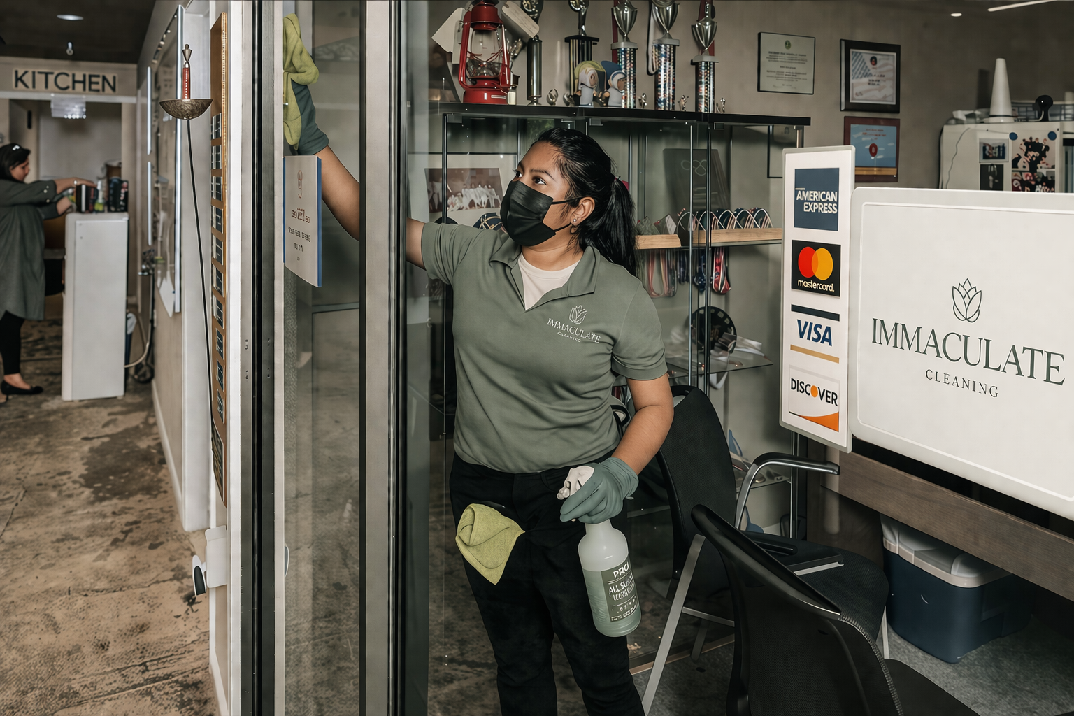 Person in a green shirt and black mask holding a spray bottle, standing in a restaurant kitchen.