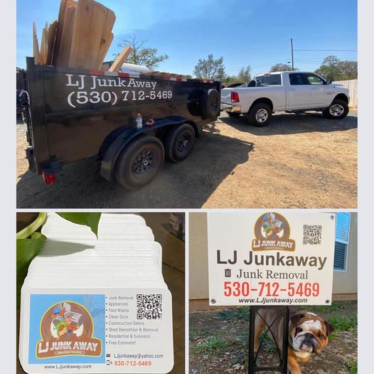 LJ Junk Away trailer with truck, contact signs, and logo in a sunny outdoor lot
