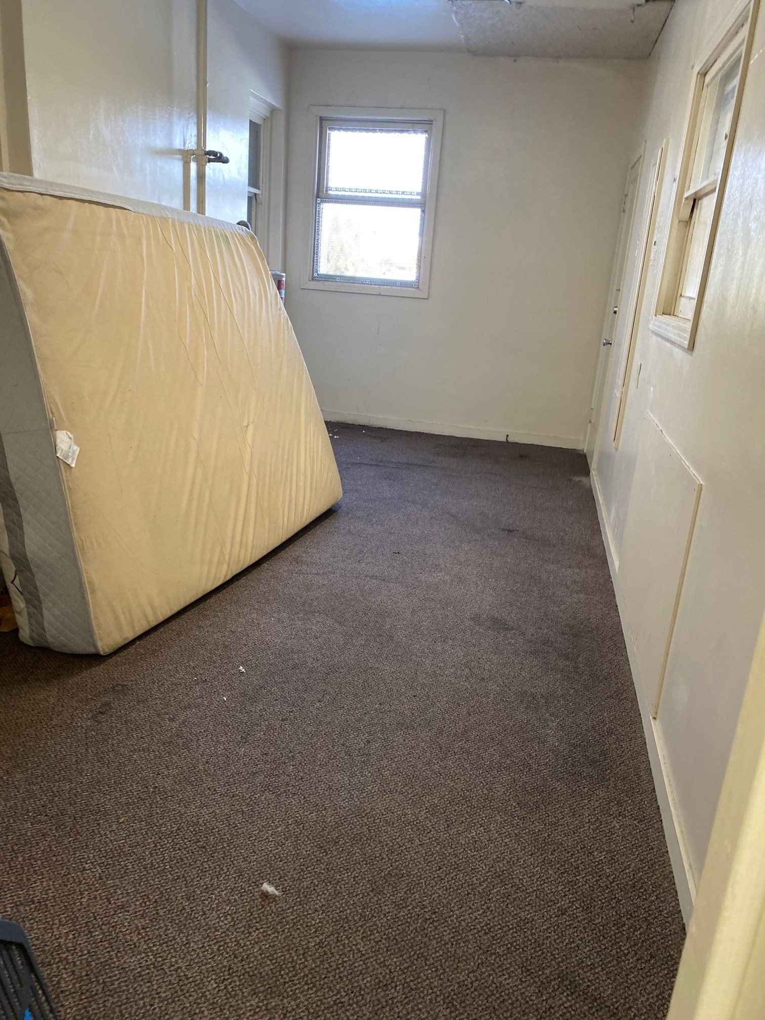 Empty carpeted room with a large mattress leaning against the left wall and a window at the far end.