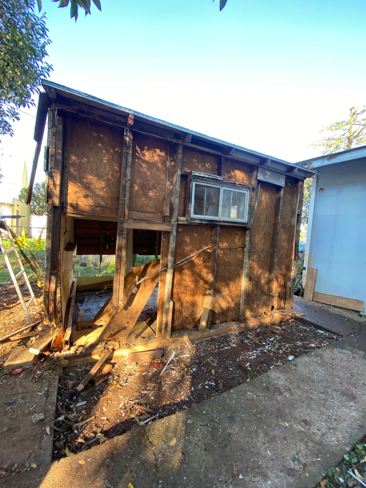 Deteriorated wooden shed with boarded windows and open lower section beside a paved path.