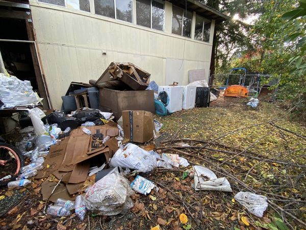Messy yard beside a beige building, with piles of trash, boxes, and scattered debris under trees.