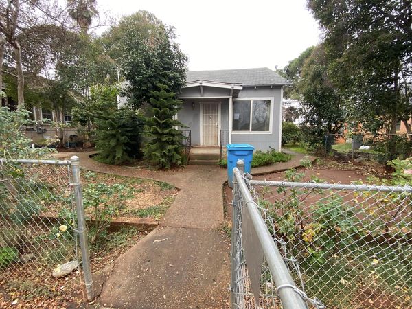 Small house front yard with a chain-link gate, concrete path, and blue recycling bin.