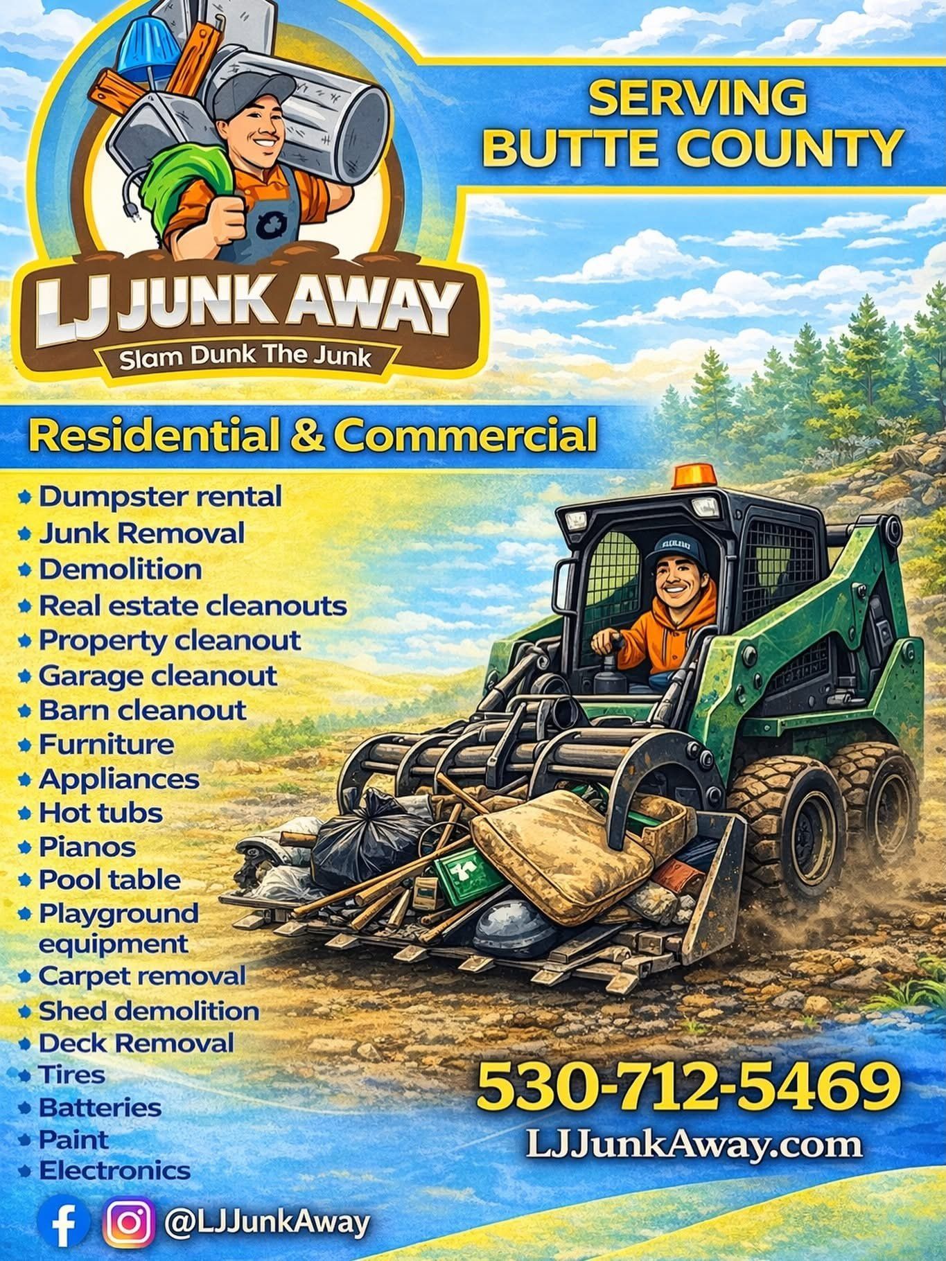 LJ Junk Away flyer listing junk removal, demolition, and cleanout services in Butte County