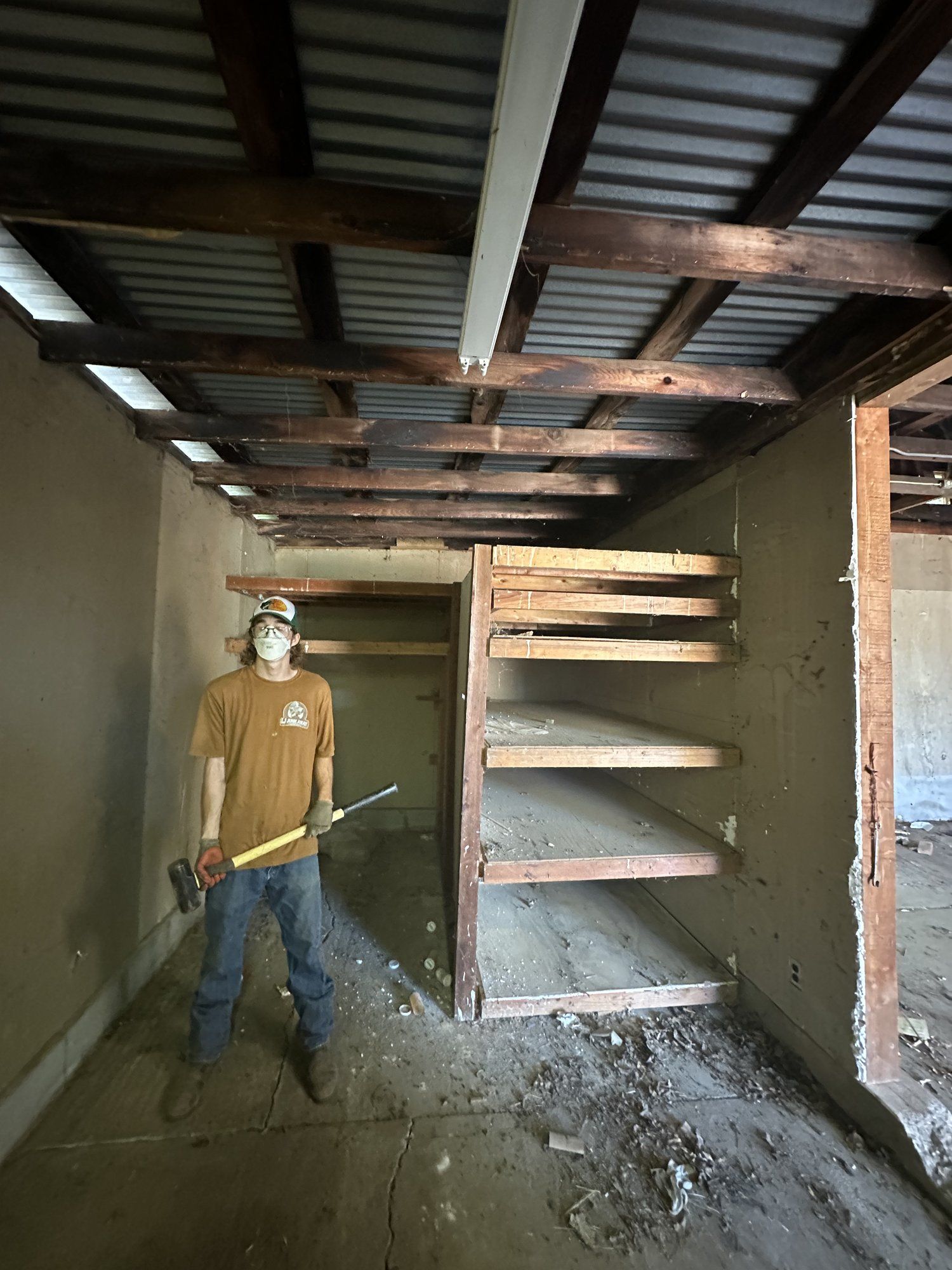 Inside a wooden shed being cleared of junk