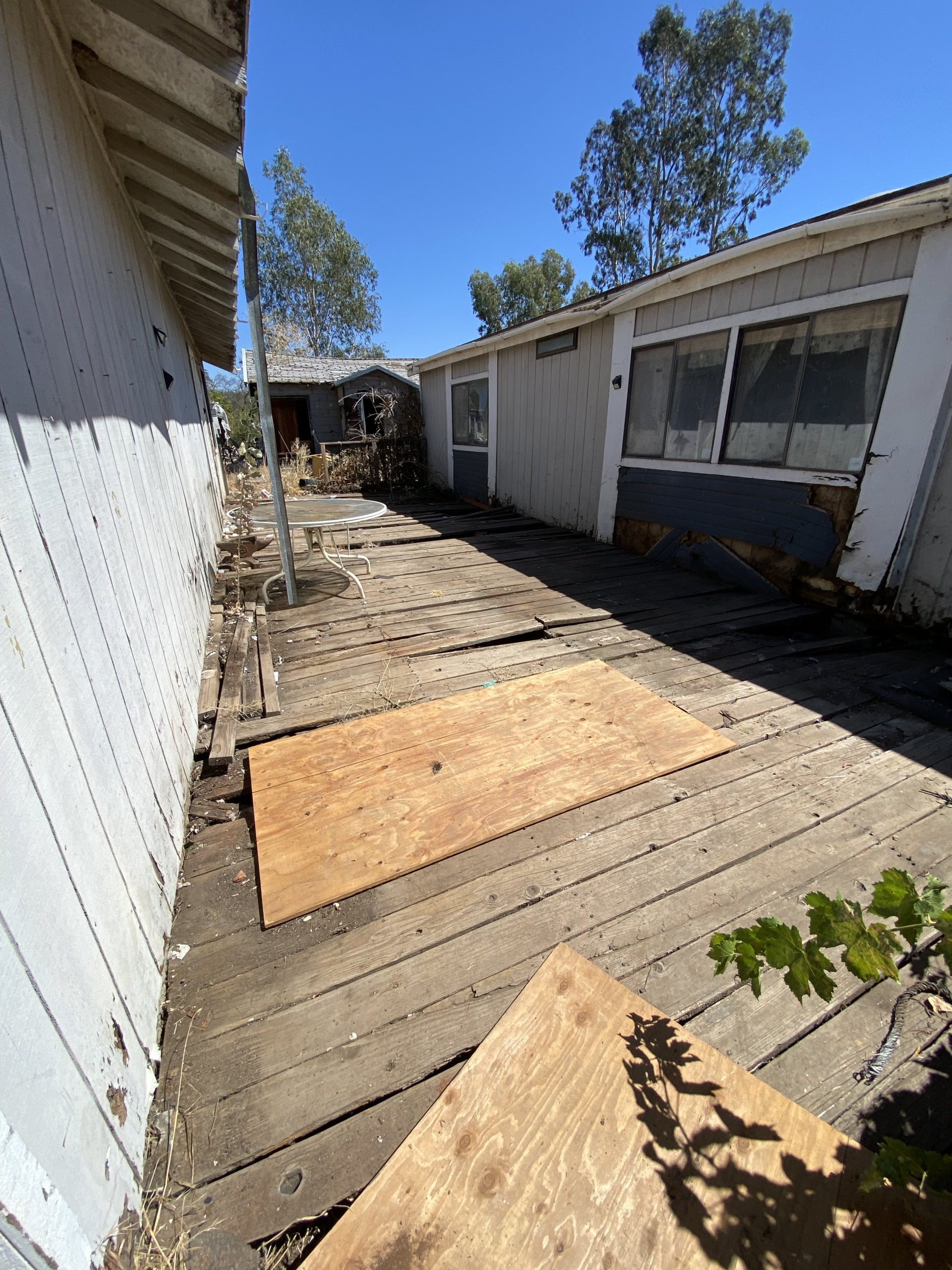 Weathered wooden deck between white buildings, with plywood boards and trees under a clear blue sky.