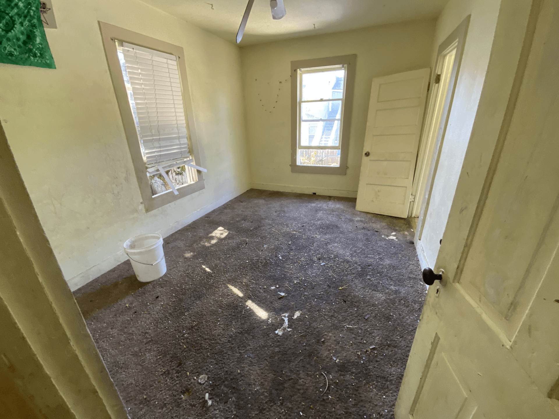 Empty beige bedroom with carpet, two windows, and a closed white door.