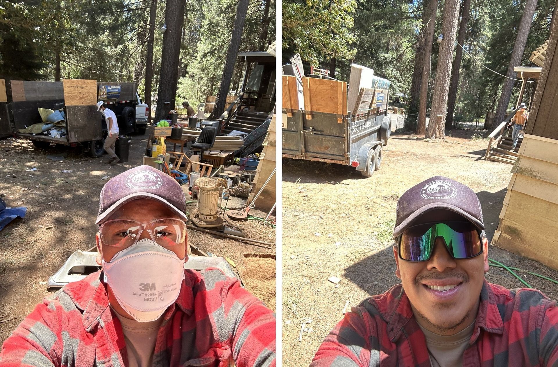 LJ Junk Away crew selfies on the job with a loaded trailer