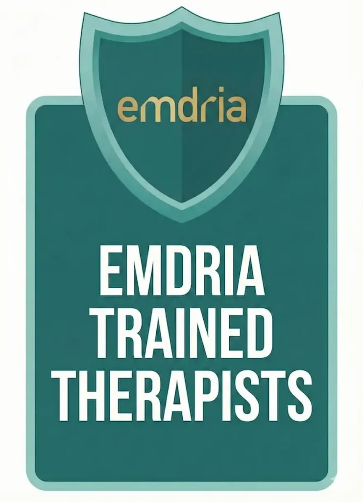 Emdria Trained Therapists badge in teal and white with a shield emblem and gold text