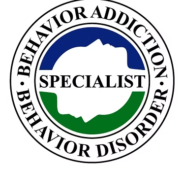 Behavior Addiction Specialist badge logo with white, green, and black circular text.