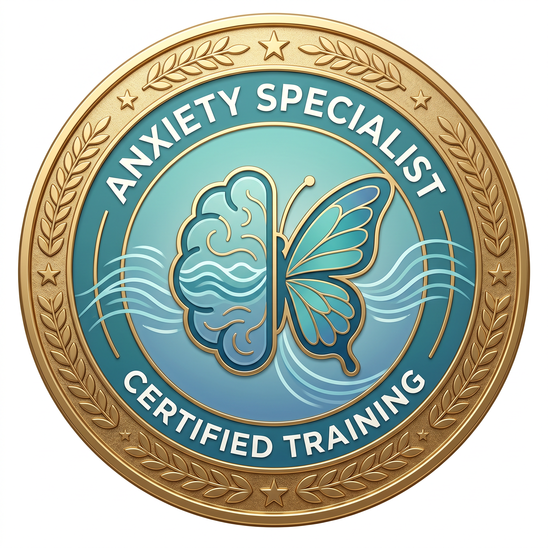Gold badge logo with blue brain-butterfly icon and the text “Anxiety Specialist Certified Training”