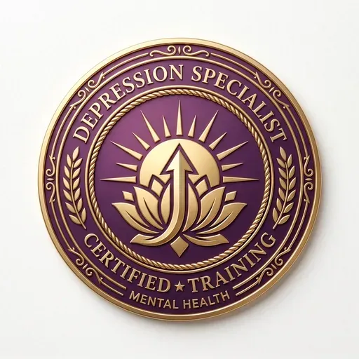 Purple and gold Depression Specialist certified training mental health emblem with lotus and sunburst