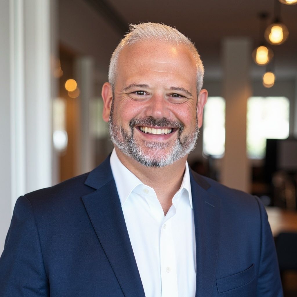 Smiling man in a navy suit and white shirt standing indoors in a softly lit hallway
