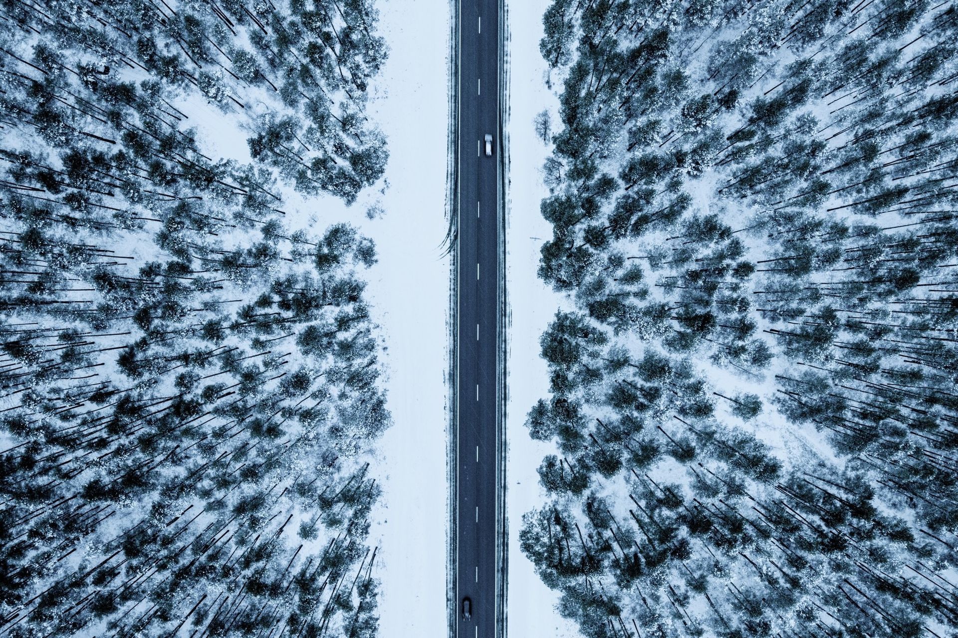 areal view of snowy road in forest