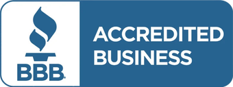 BBB Accredited Business logo with blue flame icon and white text on blue background