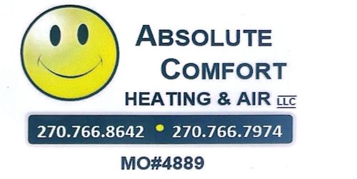 Absolute Comfort Heating & Air LLC logo with smiling yellow face and blue contact info bar
