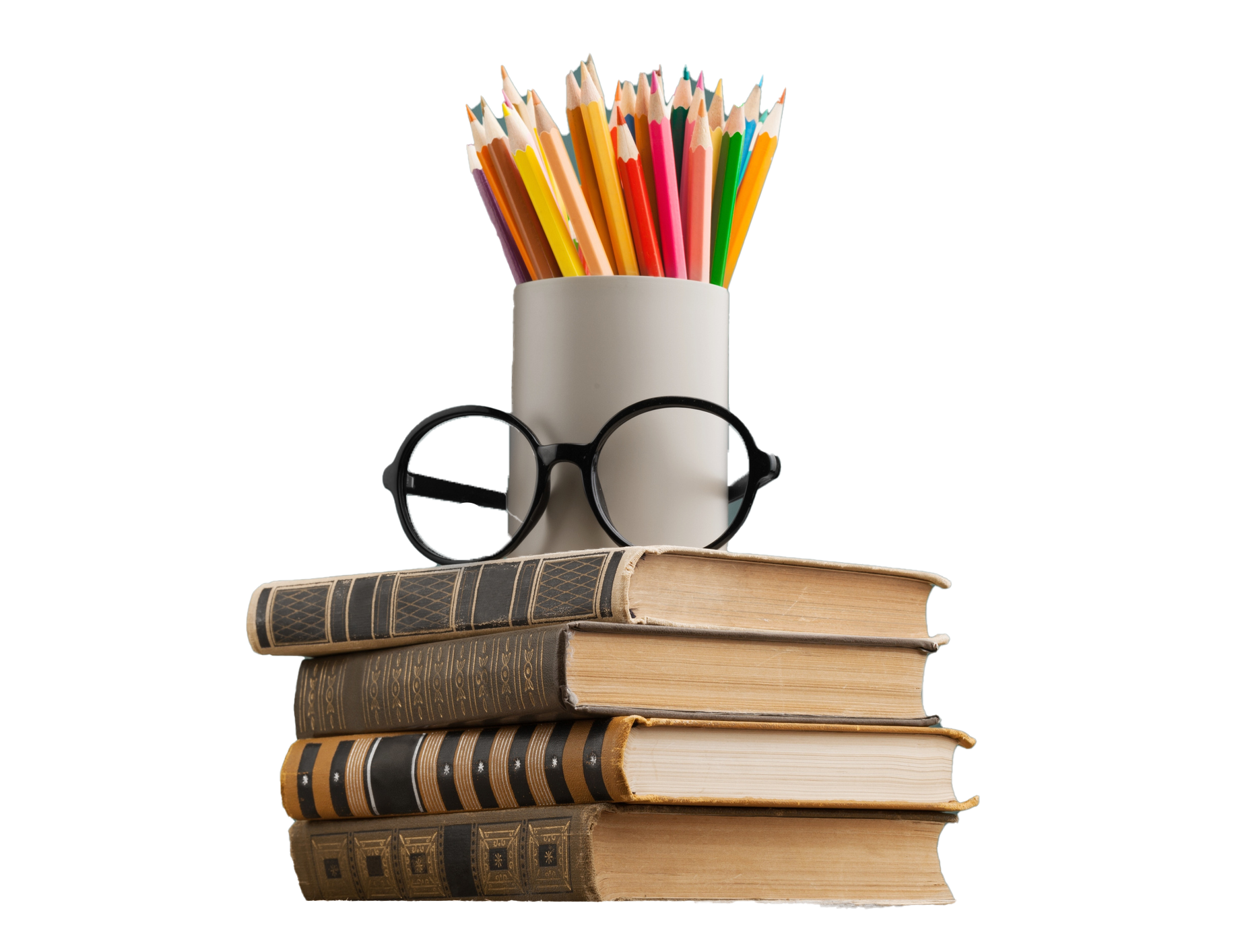 Stack of colorful books, leaning against each other. Stack of old books with pencils in a cup and glasses, representing education.