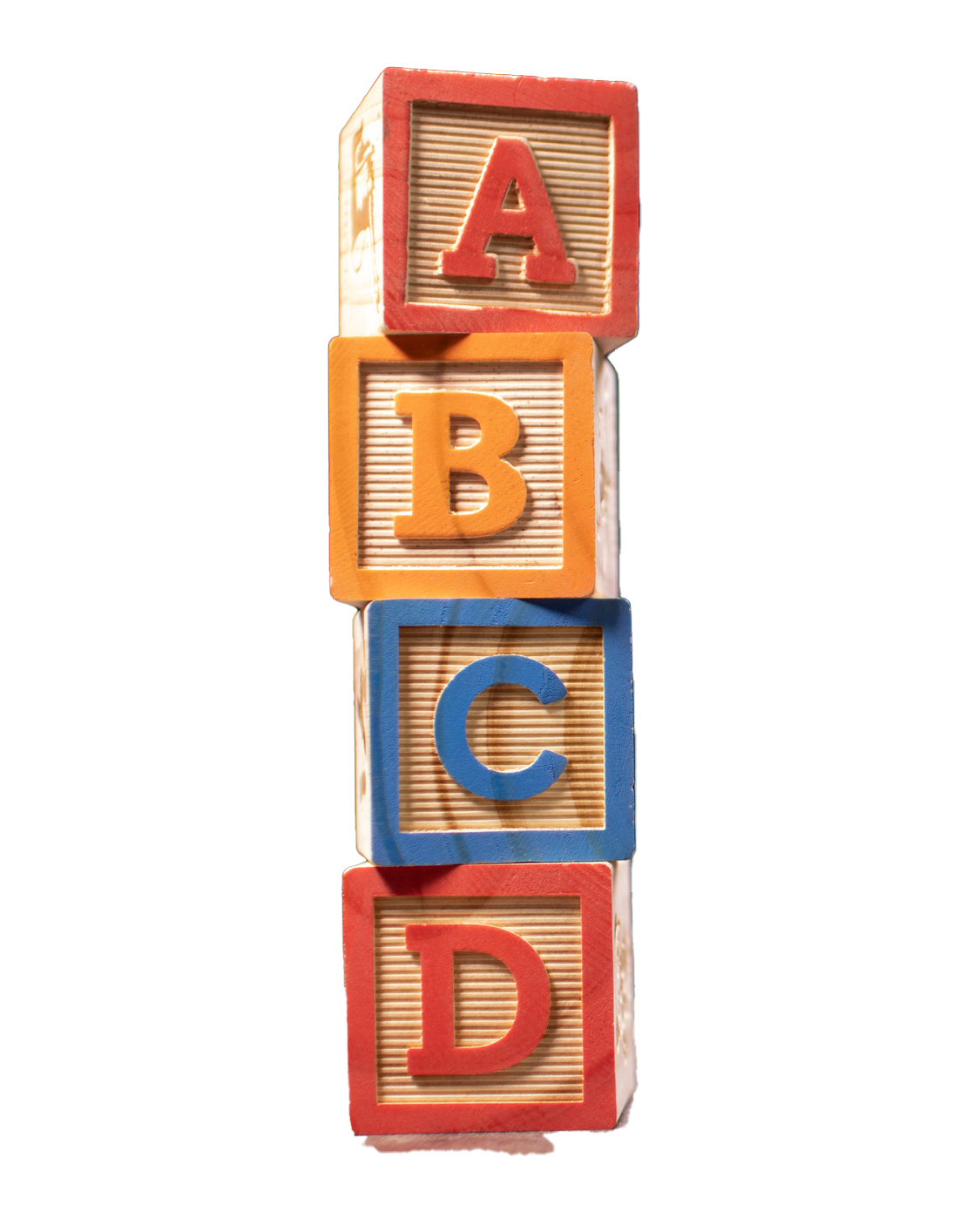 Stack of alphabet blocks, displaying letters A, B, C, and D in different colors.