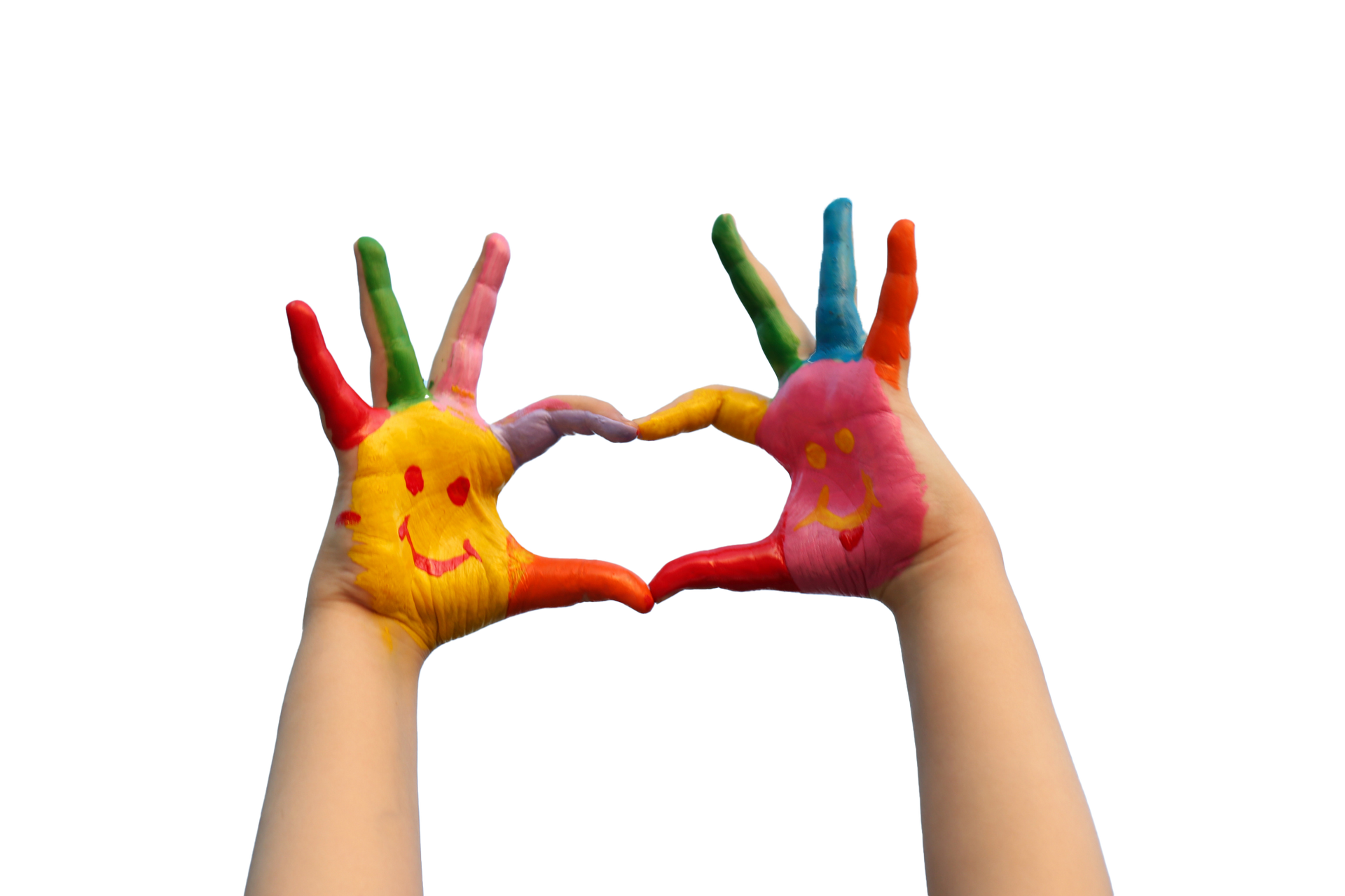 Hands painted rainbow colors forming a heart shape, with smiling faces on palms.