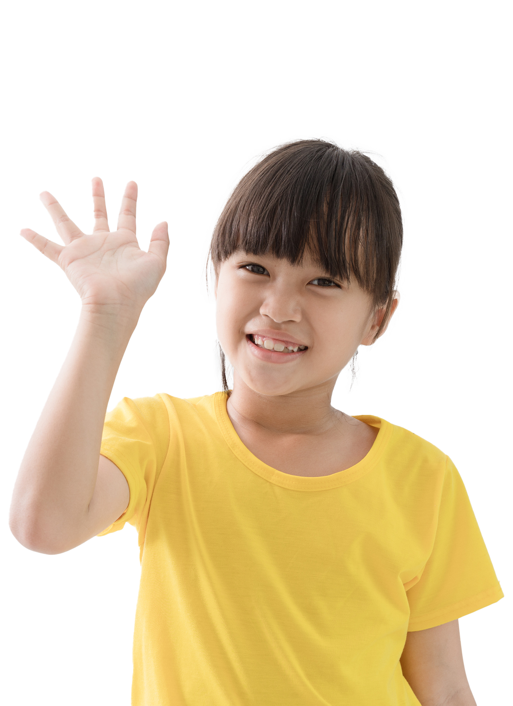 Girl in yellow shirt waving, smiling, isolated on white.