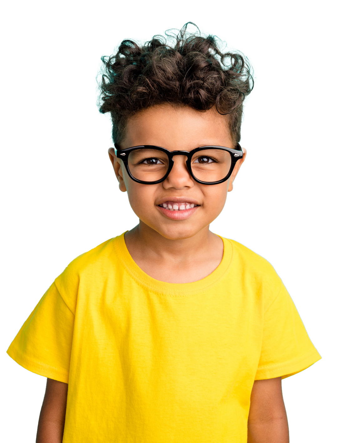 Young boy with curly hair wearing round glasses, smiling, in a yellow shirt. Young boy with curly hair, wearing glasses and a yellow shirt, smiles.