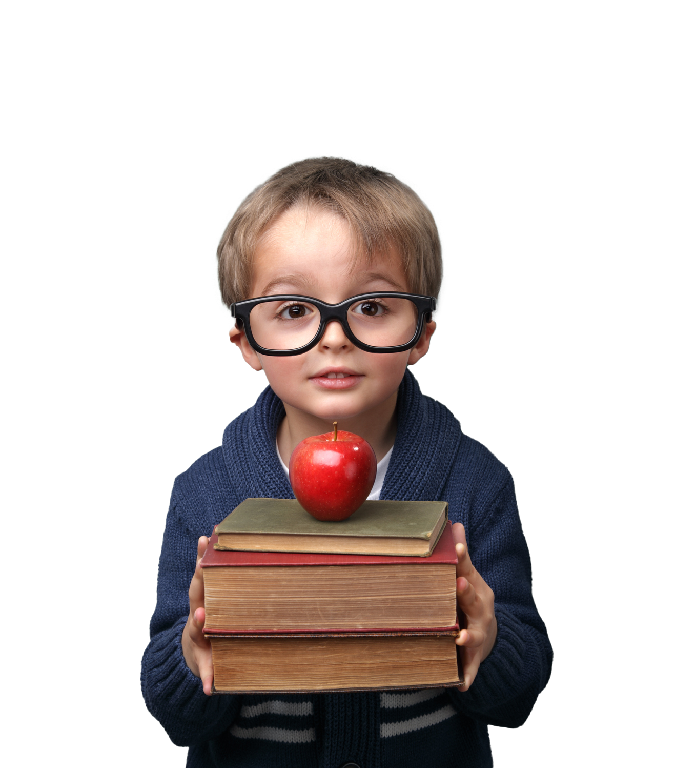 Boy with glasses holding books and a red apple. Young boy with glasses holding books and a red apple.