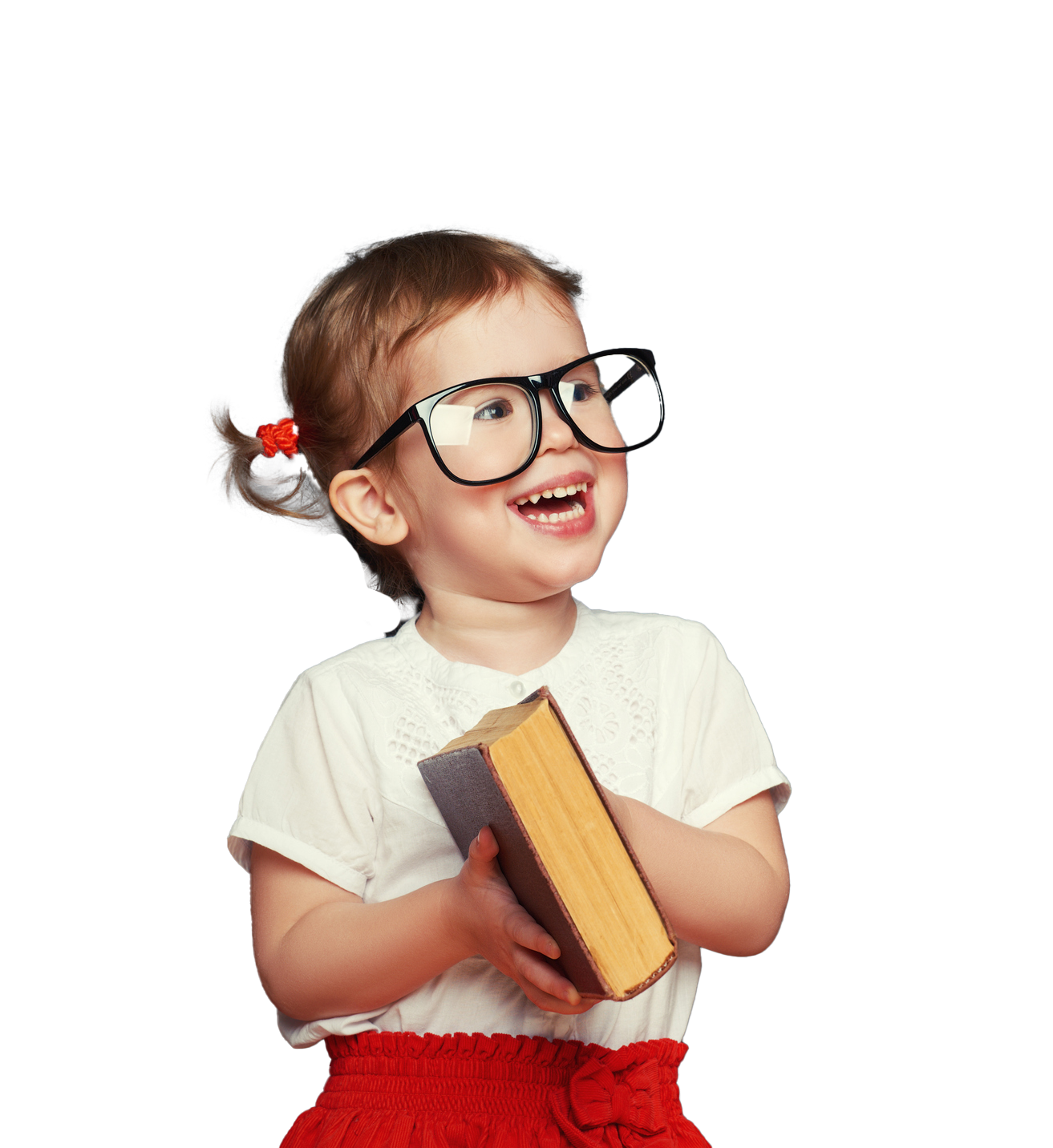 Smiling toddler wearing glasses and holding a book, looking upwards. Smiling toddler in glasses holding a book, looking upward, wearing a white shirt and red skirt.