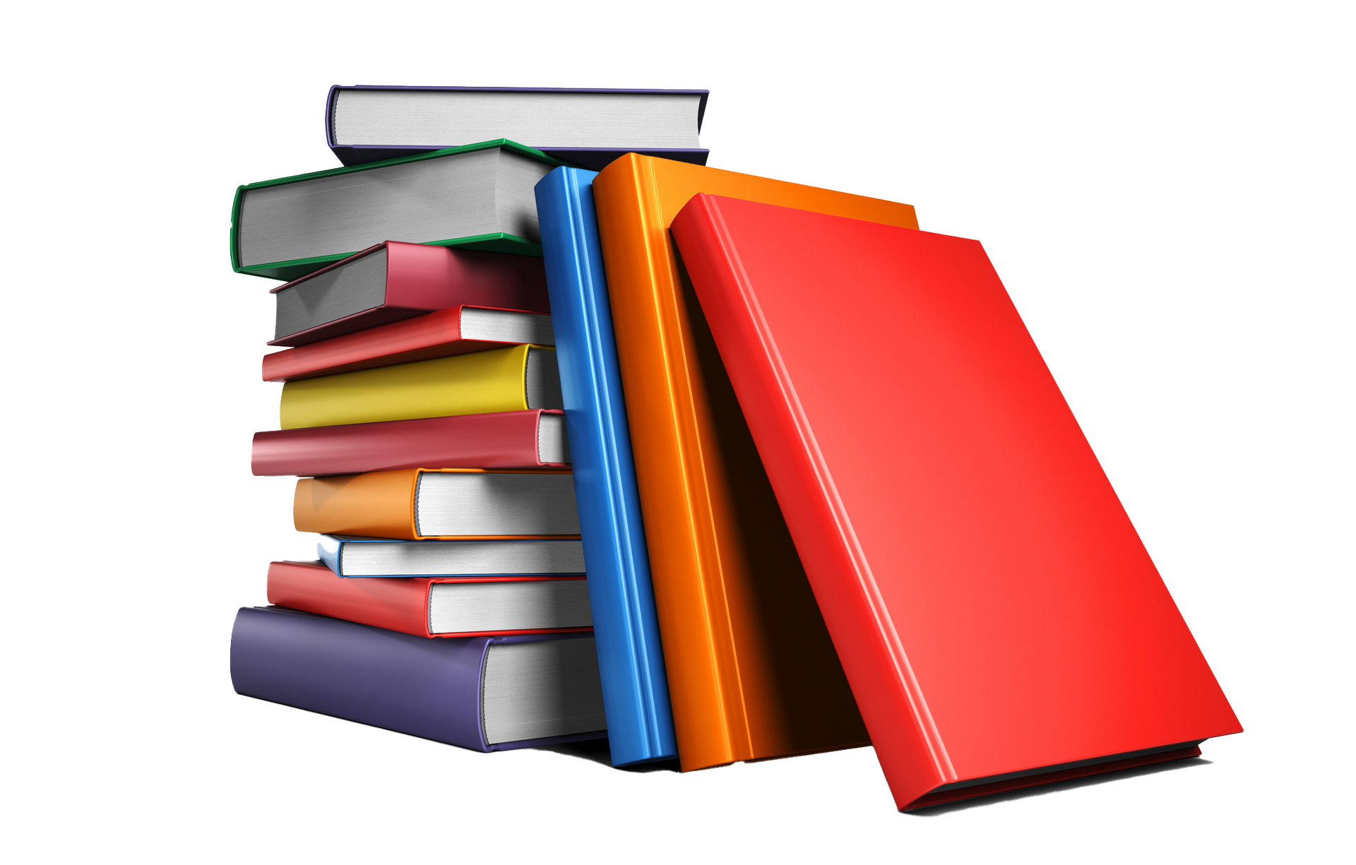 Pile of colorful books, some stacked and some leaning, on a white background.