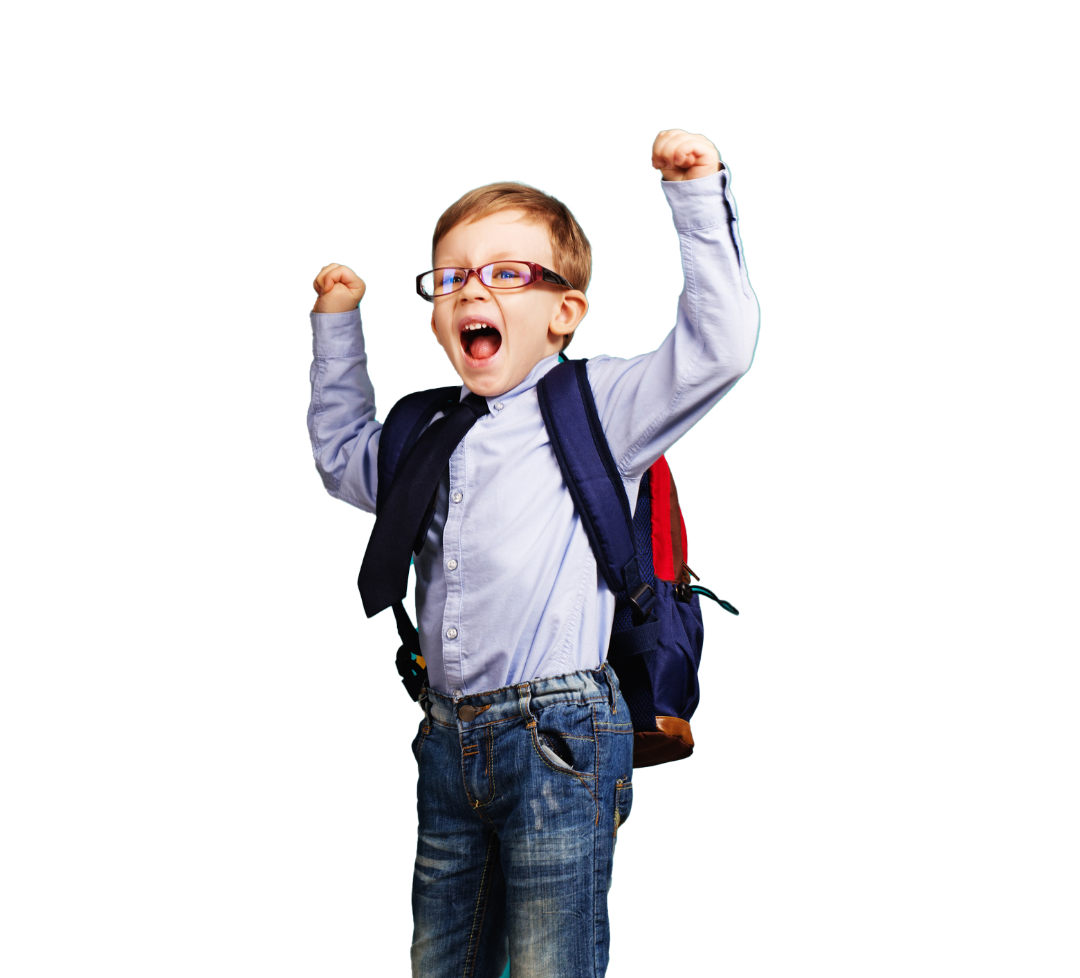 Boy with glasses and backpack raises arms, exclaiming happily.