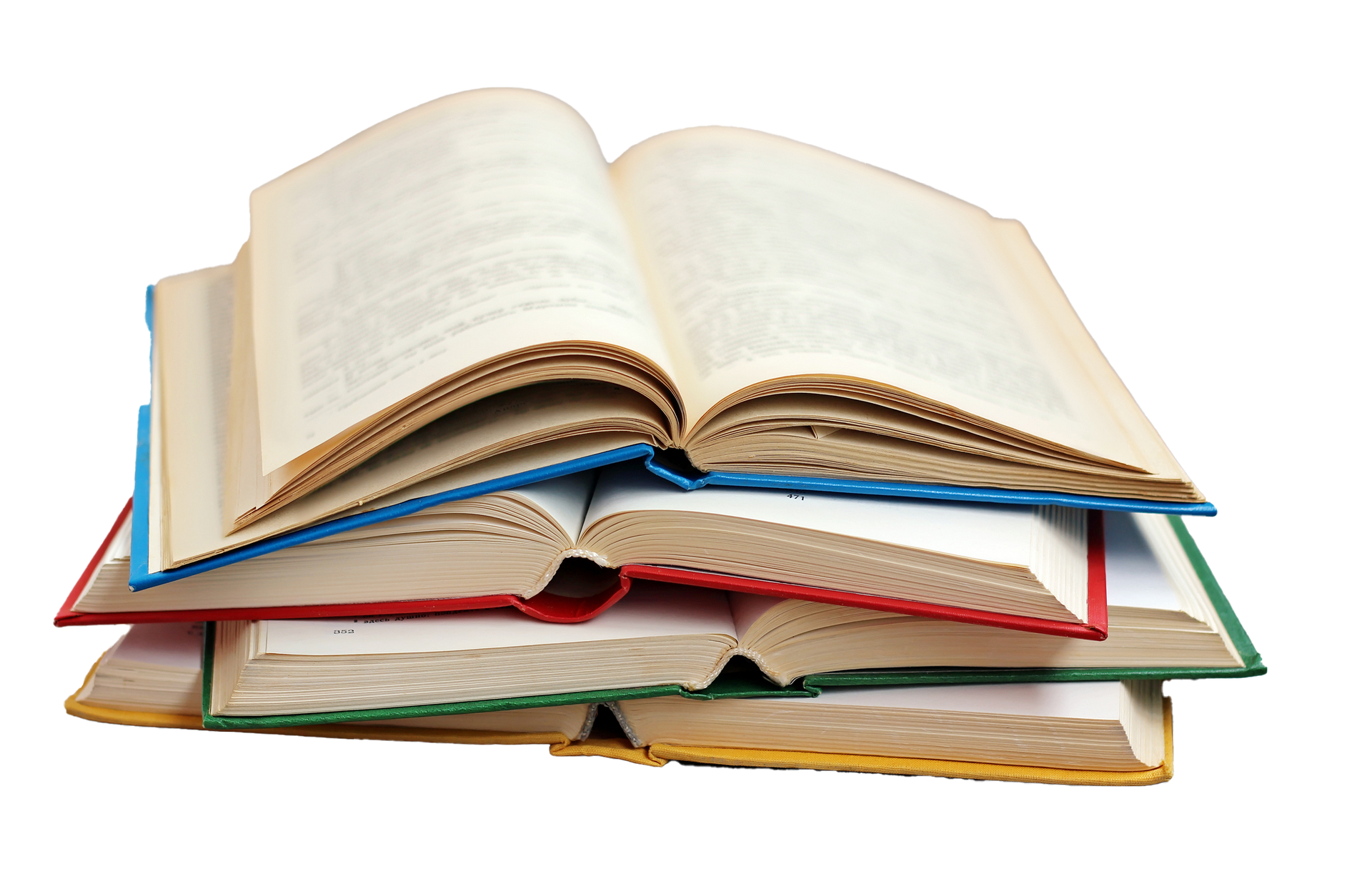 Pile of open books with colored spines: blue, red, green, yellow. Pile of open books with different colored covers.