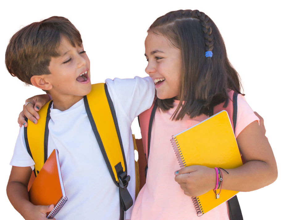 Boy with yellow backpack and orange notebook laughs with girl in pink shirt, holding yellow notebook.
