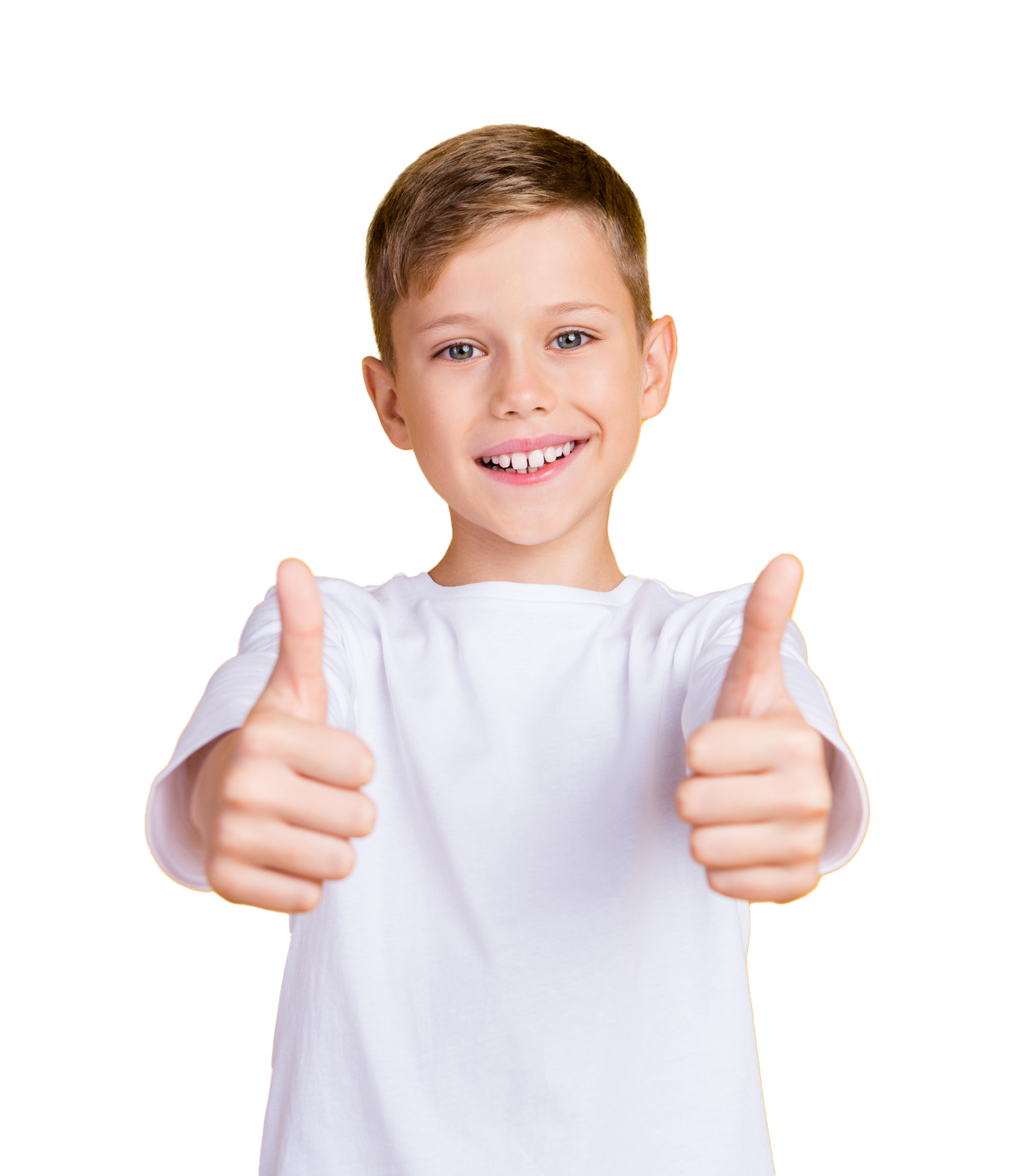 Boy in white shirt smiles and gives two thumbs up.