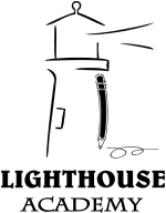 Black line drawing of a lighthouse with a pencil, 