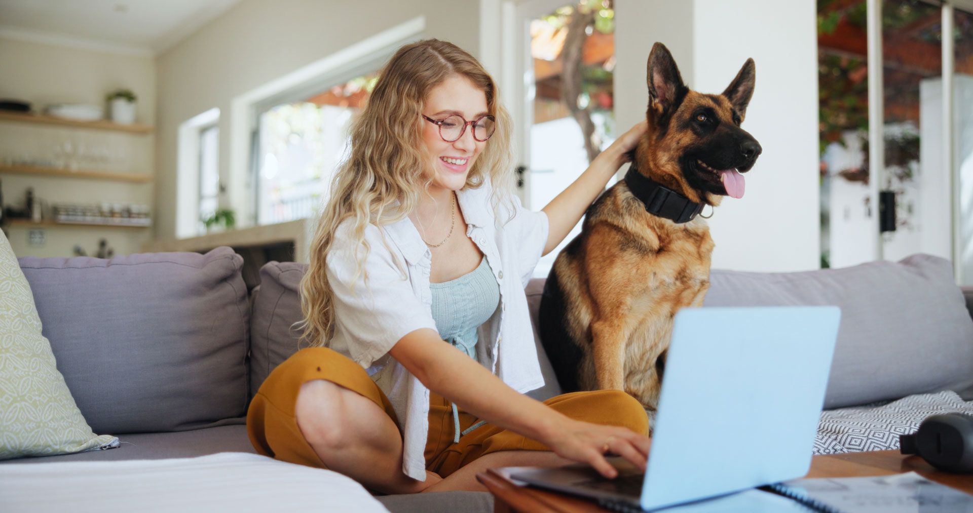 Woman with a German shepherd using a laptop on a couch in a bright living room