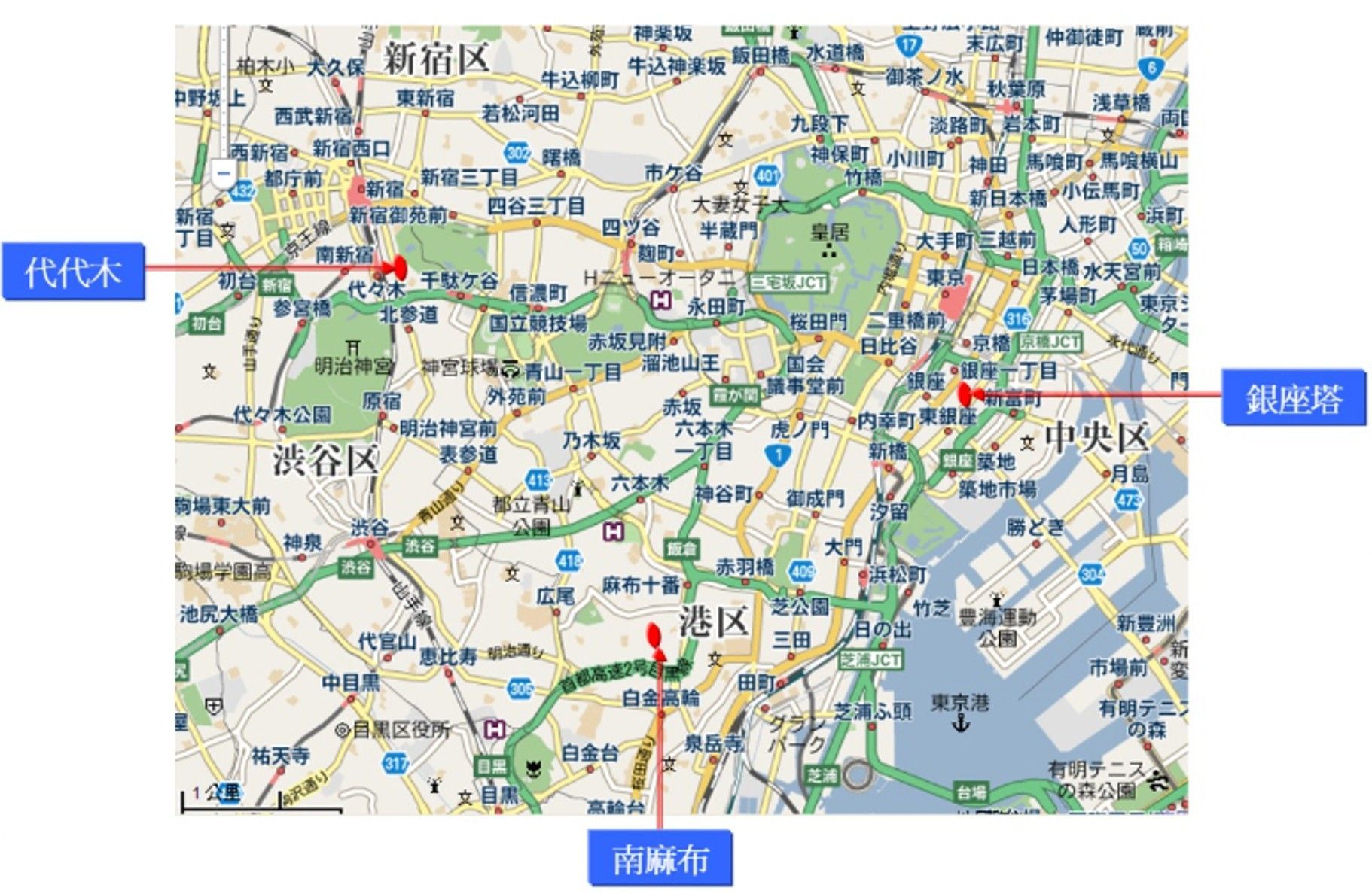 東京代代木、銀座塔與南麻布位置地圖