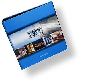 A blue binder with the word iwc on it