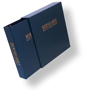 A blue binder with the name bernhardt on it