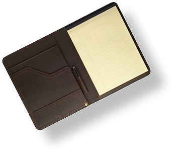 A brown leather wallet with a pen and lined paper