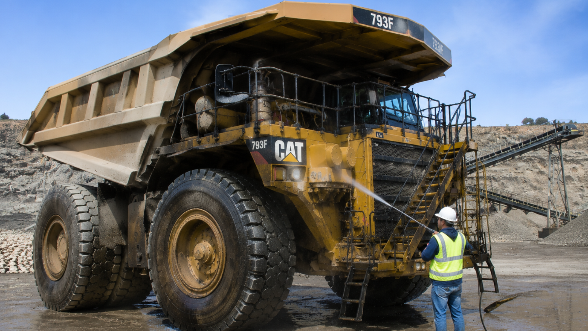 Massive yellow mining haul truck at a quarry, with a worker in a safety vest inspecting it.