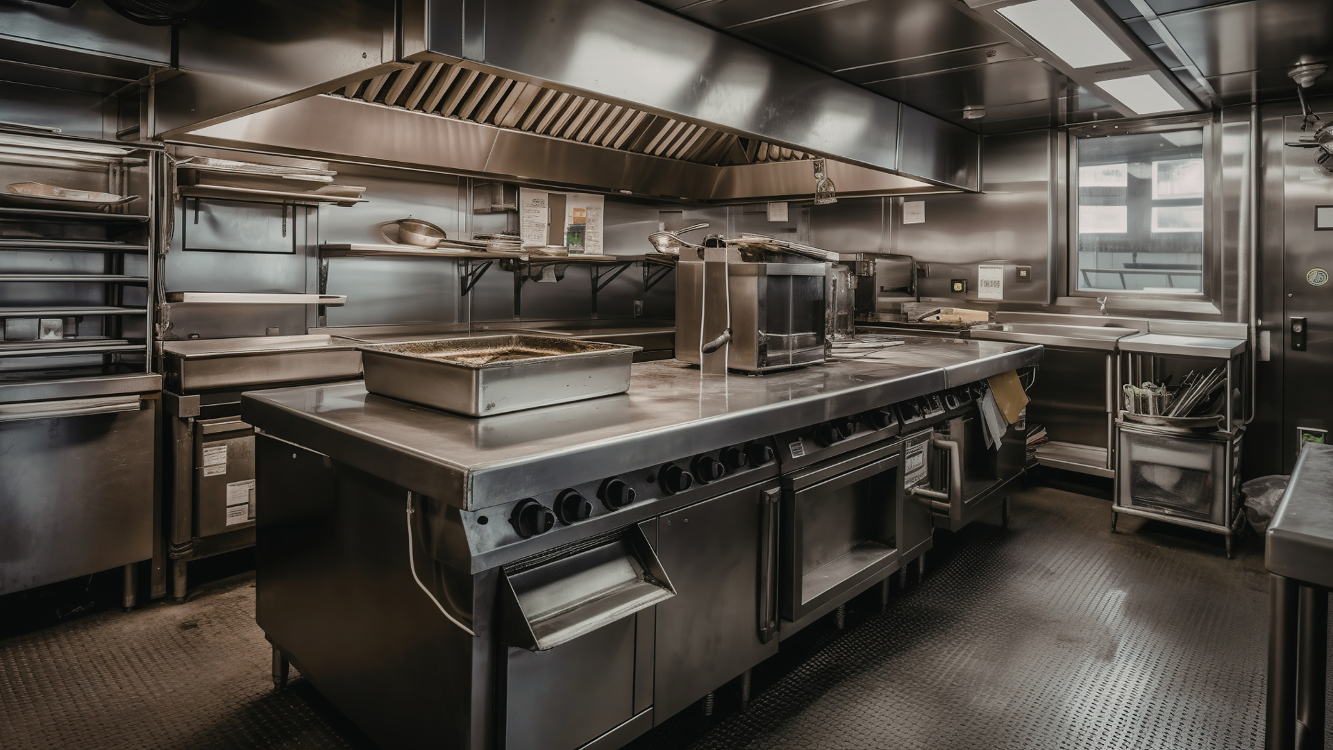 Modern stainless-steel commercial kitchen with cooking range, prep counters, and overhead ventilation.