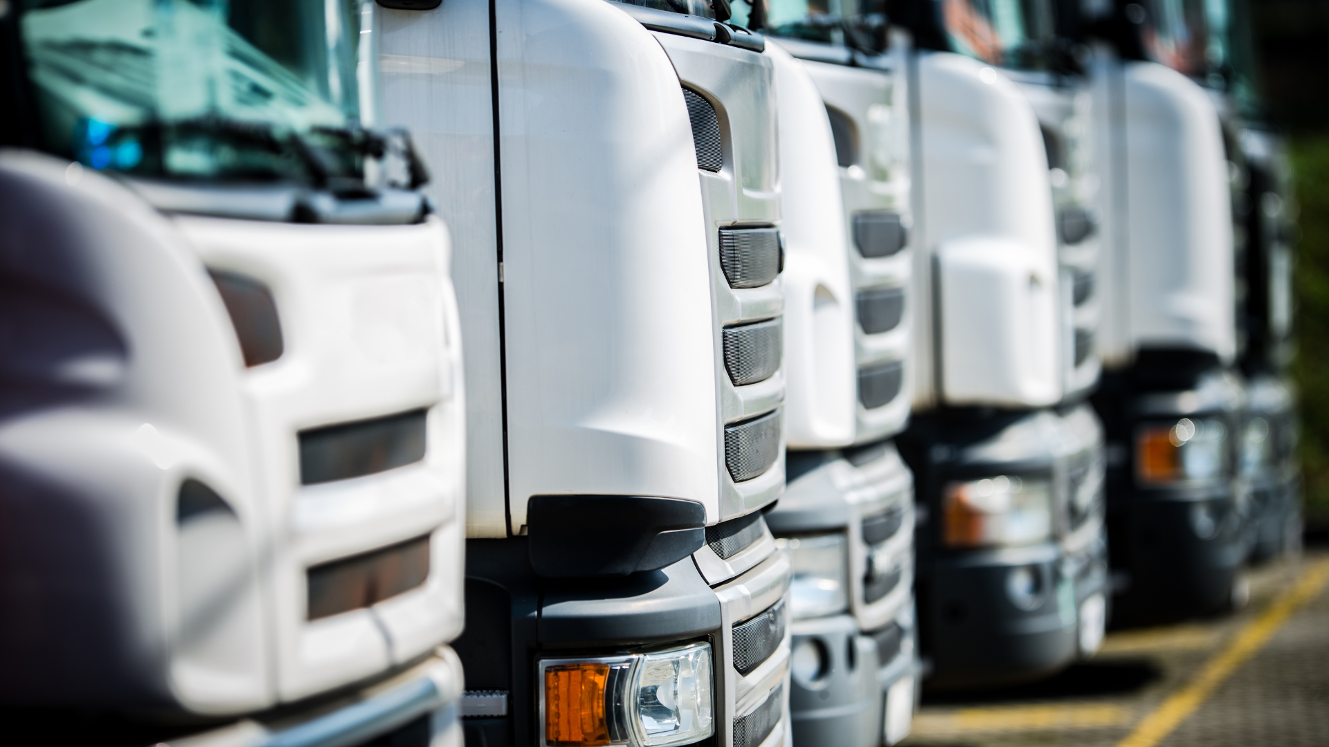 Row of white delivery trucks parked in a line along a curb